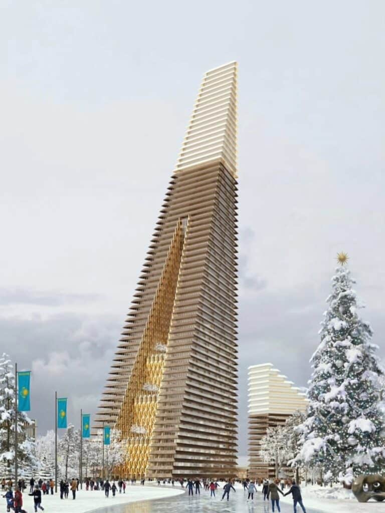 Winter view of the Alatau District structures with a snowy public plaza