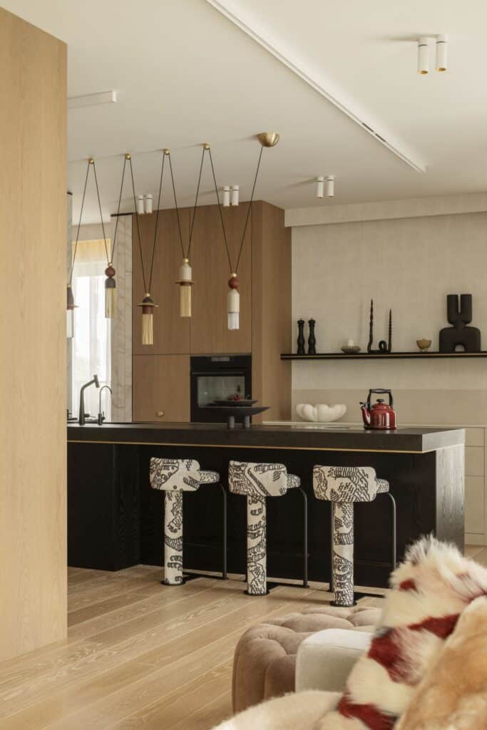 Contemporary bedroom environment in Artistic Powiśle residence designed by modeko.studio.