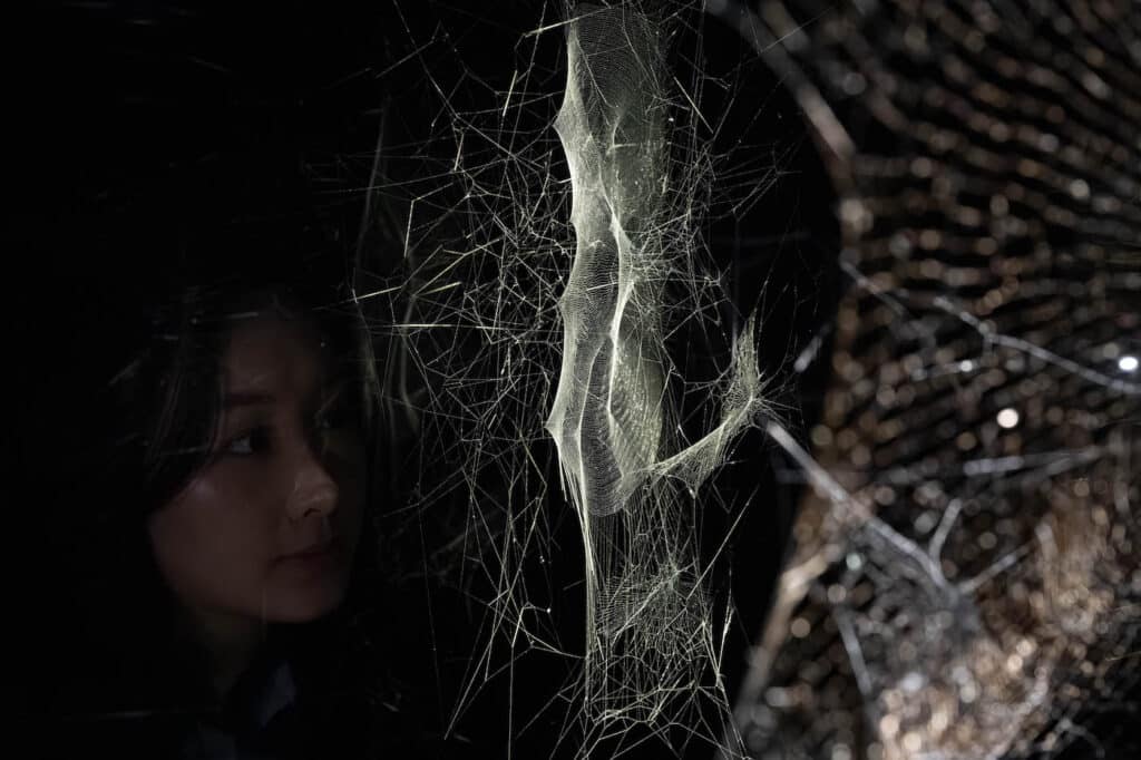 Woman observing an illuminated spider web in a dark gallery space