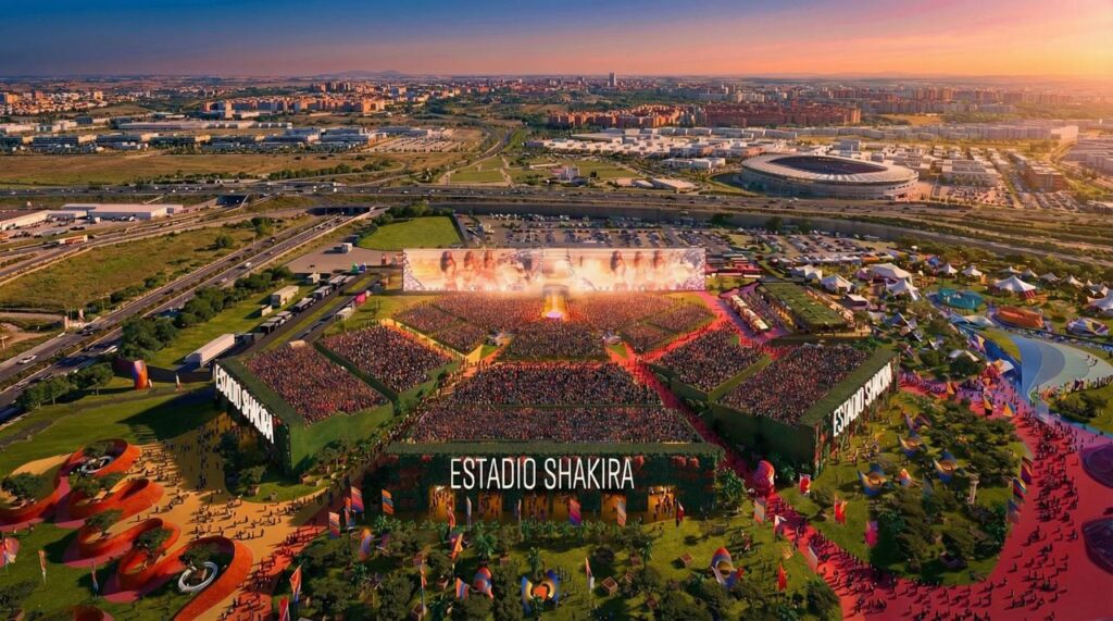 Aerial daytime view of the massive Shakira Stadium and surrounding cultural park