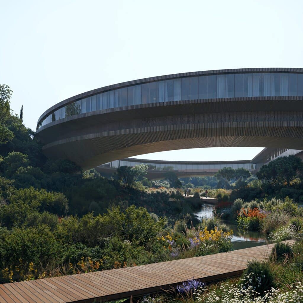 Wooden boardwalk underneath The Ring Istanbul bridge structure surrounded by wildflowers and a small river.