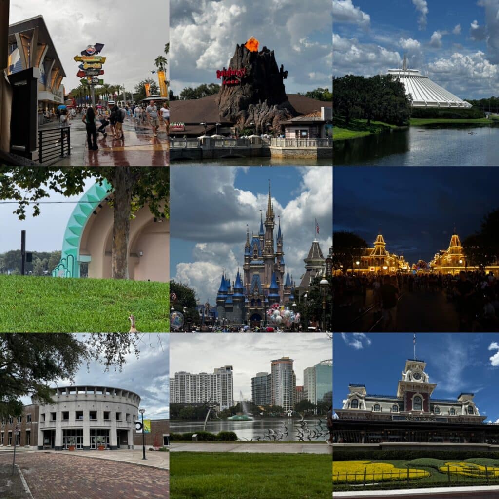 A 3x3 photo collage of Orlando landmarks, featuring Cinderella Castle, Space Mountain, Lake Eola, the Orlando Museum of Art, and bustling theme park streets.