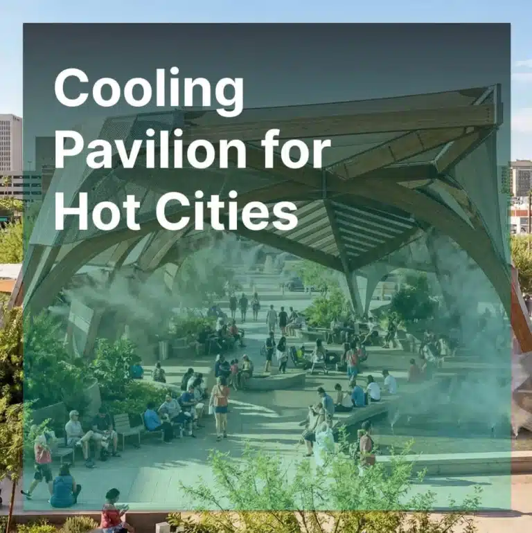 Cooling Pavilion prototype designed for hot climates, using shading and passive cooling strategies to improve thermal comfort in outdoor public space.