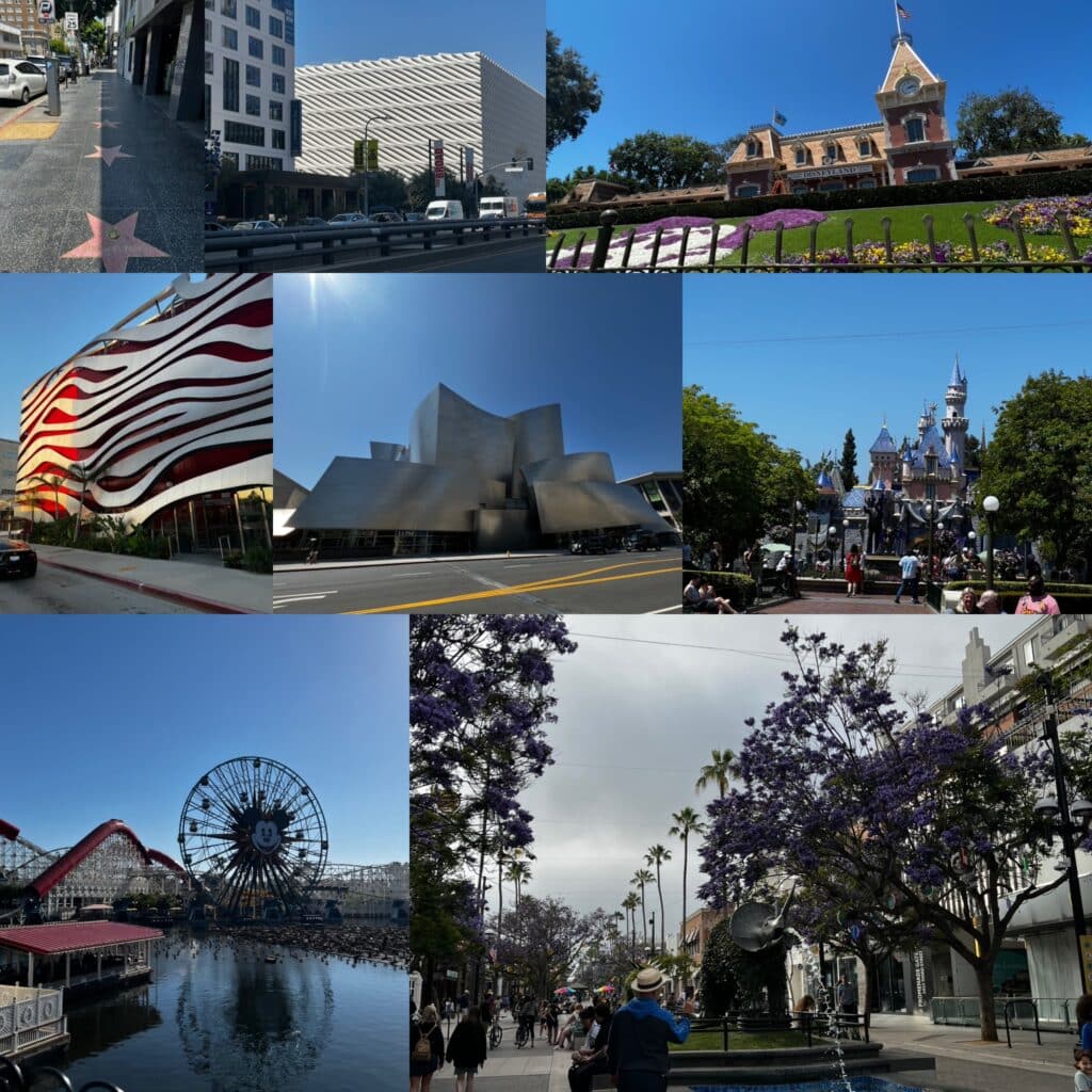 A photo collage of Southern California landmarks, blending Disneyland attractions in Anaheim with iconic Los Angeles architecture like the Walt Disney Concert Hall and Petersen Automotive Museum.