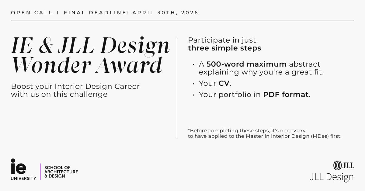 IE and JLL Design Wonder Award 2026 showcasing interior design students and collaborative studio environments focused on human-centered spatial design.