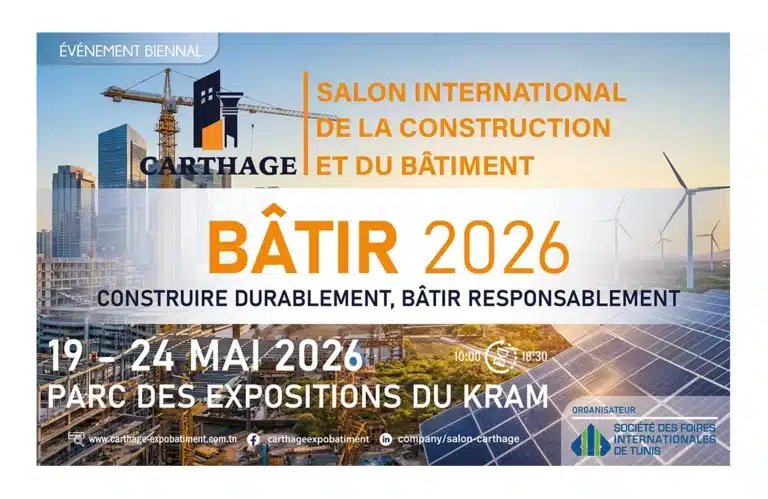 Carthage Expo Bâtiment 2026 showcasing construction materials, building technologies, and industry exhibitors at the Le Kram exhibition center in Tunis.