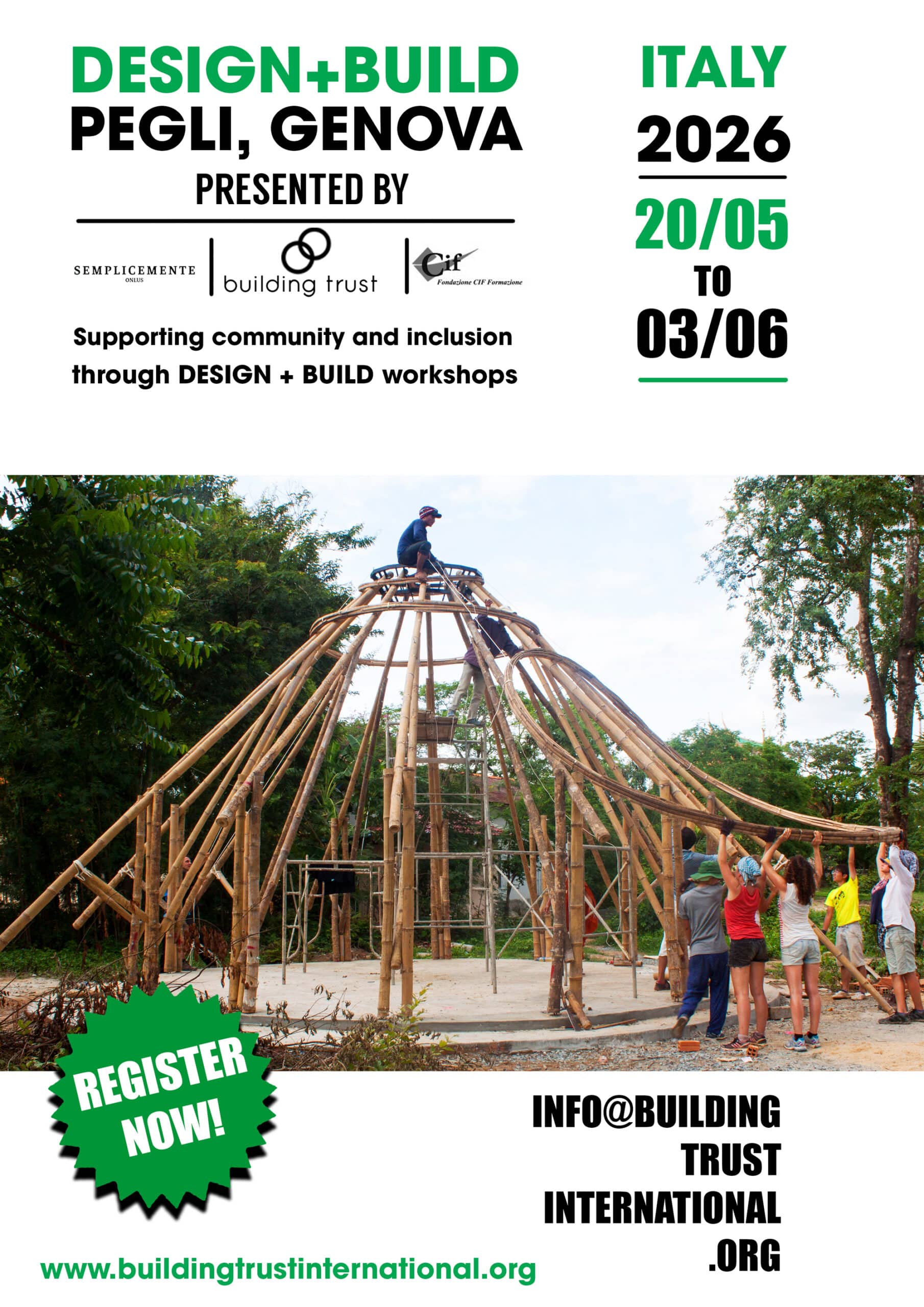 Design + Build Workshop Italy 2026 promotional image showing architecture and construction workshop branding