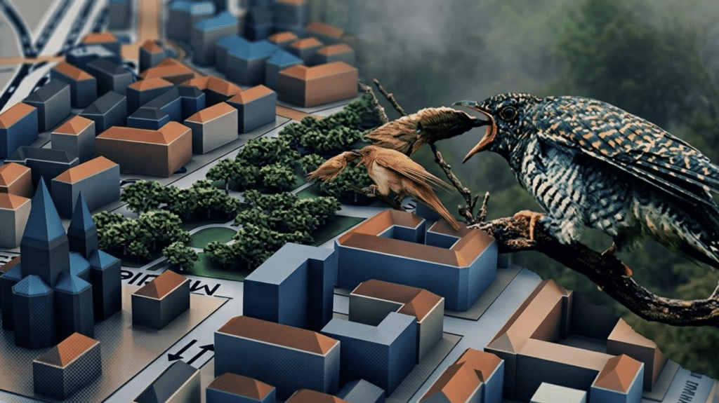 A surreal composite image showing a 3D architectural city model seamlessly blending into a natural forest background, featuring oversized, realistic birds perched above the miniature buildings.
