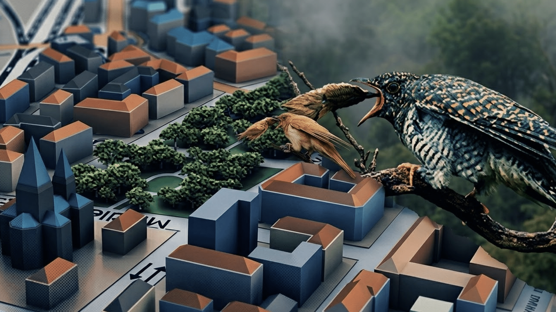 A surreal composite image showing a 3D architectural city model seamlessly blending into a natural forest background, featuring oversized, realistic birds perched above the miniature buildings.