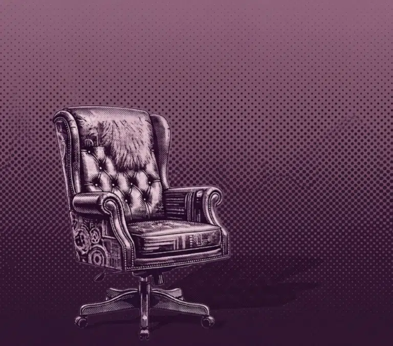 1. Alt Text: Halftone pop-art vector illustration on a purple gradient background of an ornate, Chesterfield-style tufted armchair, uniquely featuring steampunk mechanical gears and a fur pelt drape over the backrest.