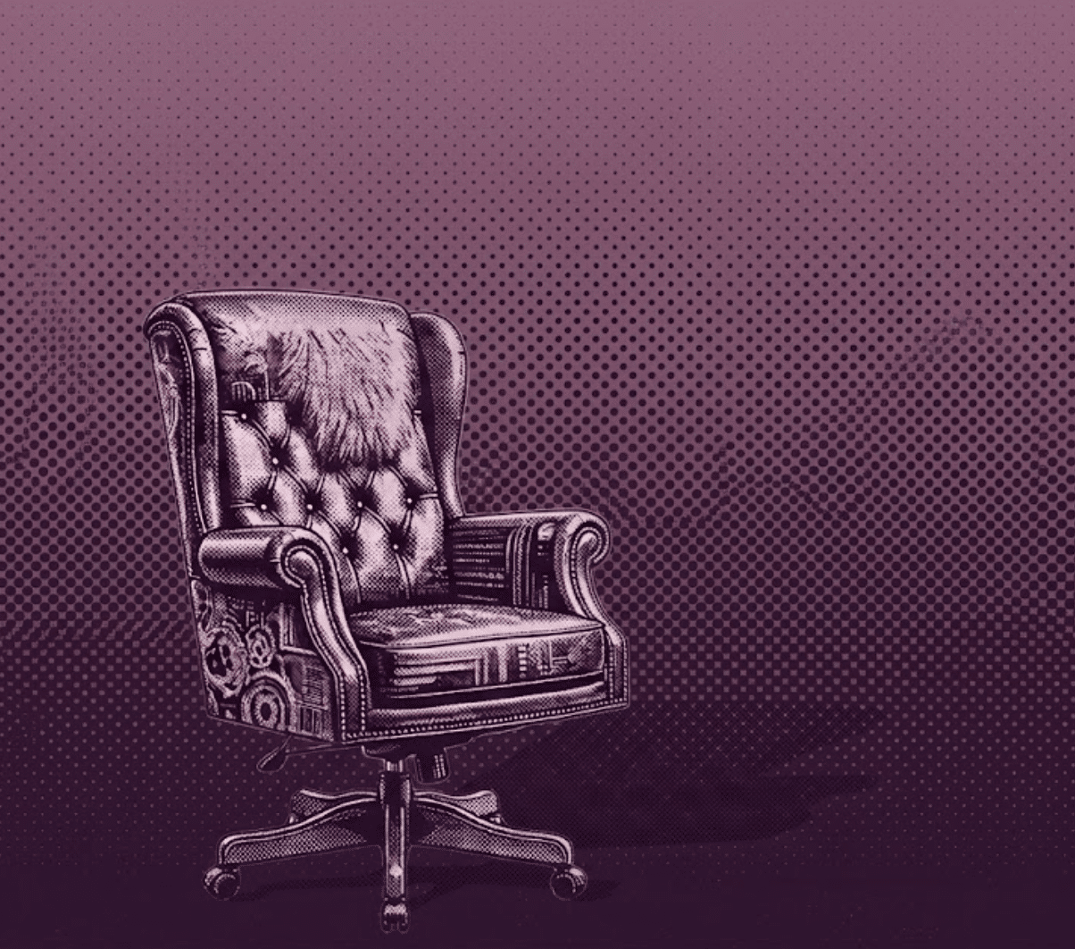 1. Alt Text: Halftone pop-art vector illustration on a purple gradient background of an ornate, Chesterfield-style tufted armchair, uniquely featuring steampunk mechanical gears and a fur pelt drape over the backrest.
