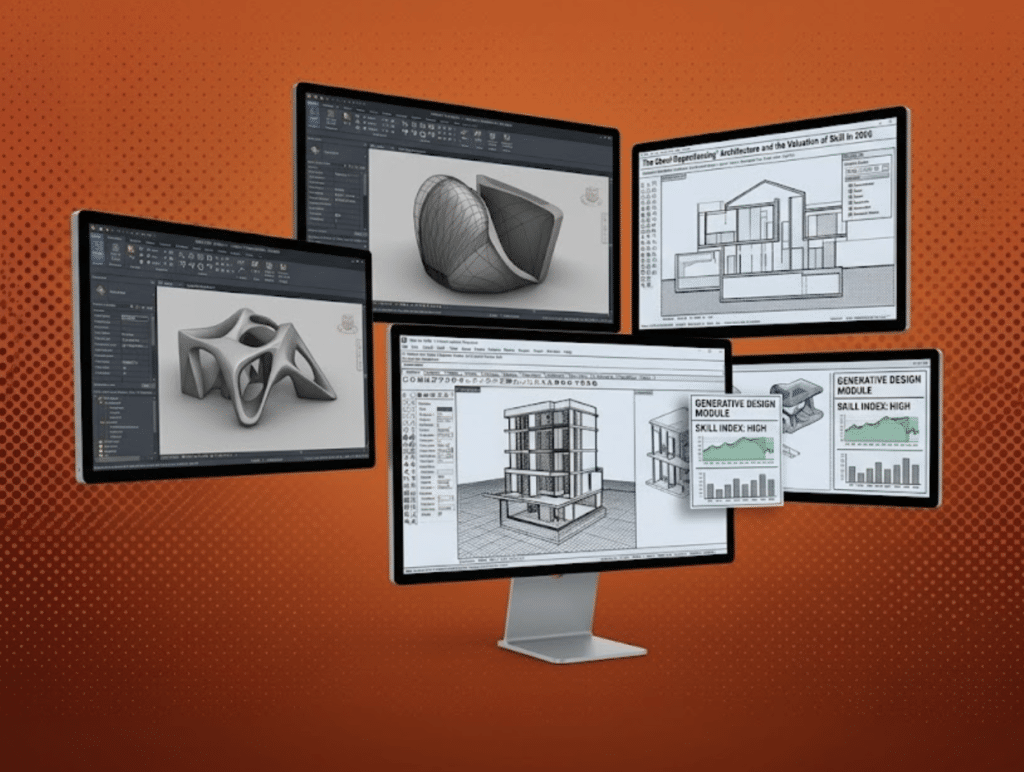 A cluster of computer monitors displaying various architectural design software, including 3D parametric models, BIM structures, and generative design data graphs, set against an orange halftone background.