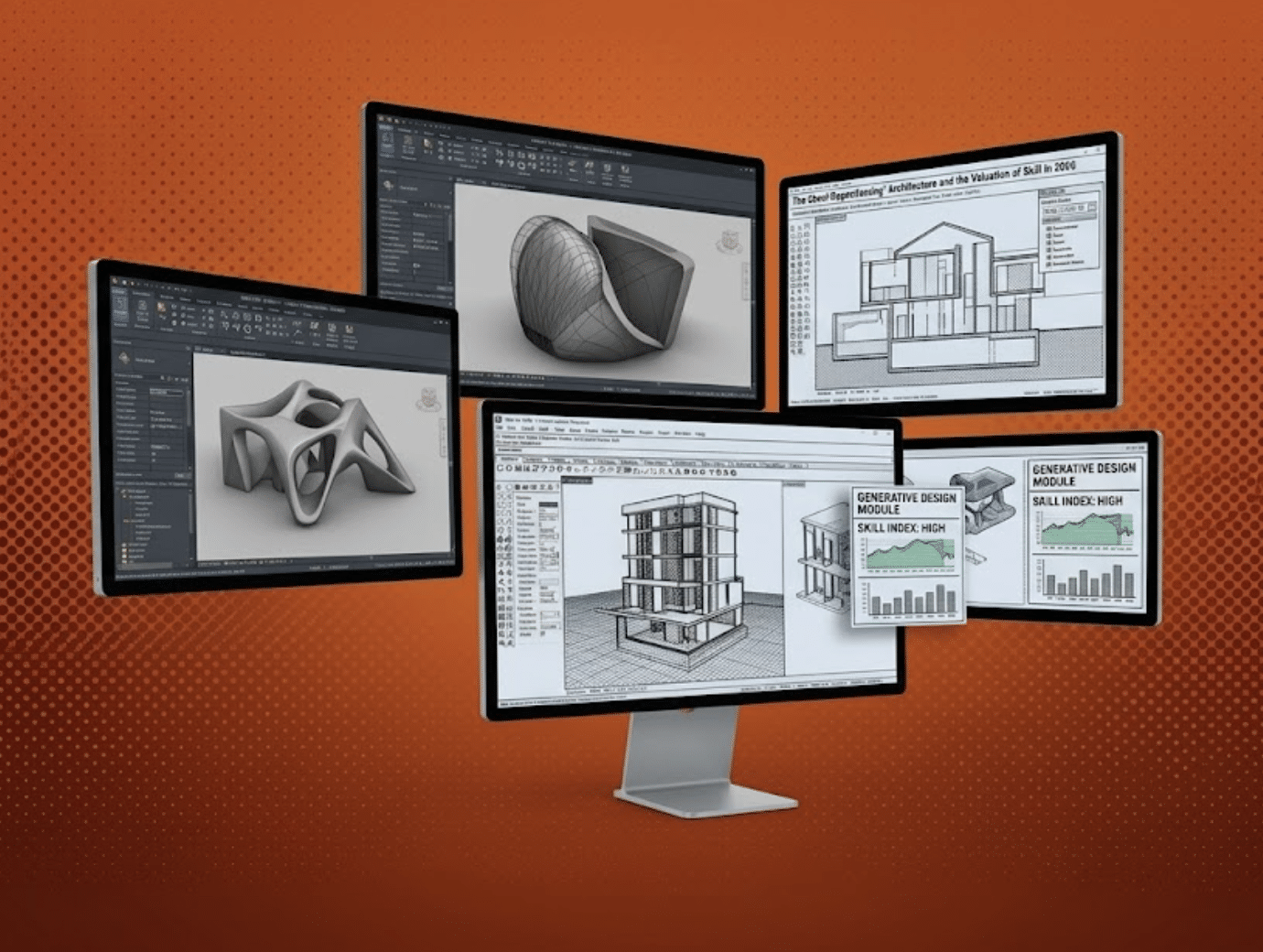A cluster of computer monitors displaying various architectural design software, including 3D parametric models, BIM structures, and generative design data graphs, set against an orange halftone background.
