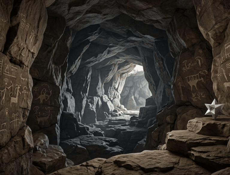 A dimly lit rocky cave interior featuring ancient petroglyphs of humans and animals on the walls, contrasted by a glowing, modern geometric star shape resting on a stone ledge.