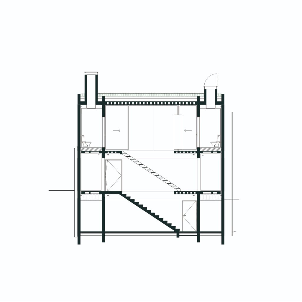 Transverse section of Caet&eacute;s House showing the three levels and vertical circulation.