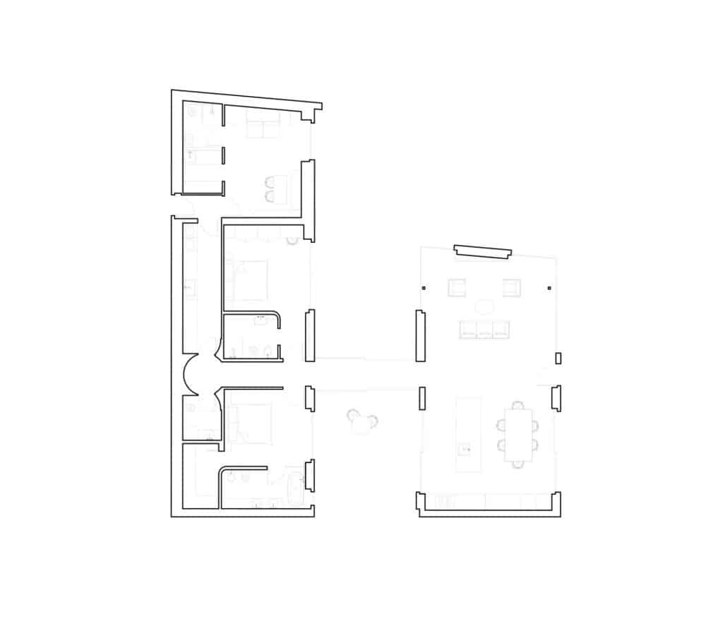 Detailed architectural floor plan of the Lake Como villa showing the open-plan layout and bedroom wings.