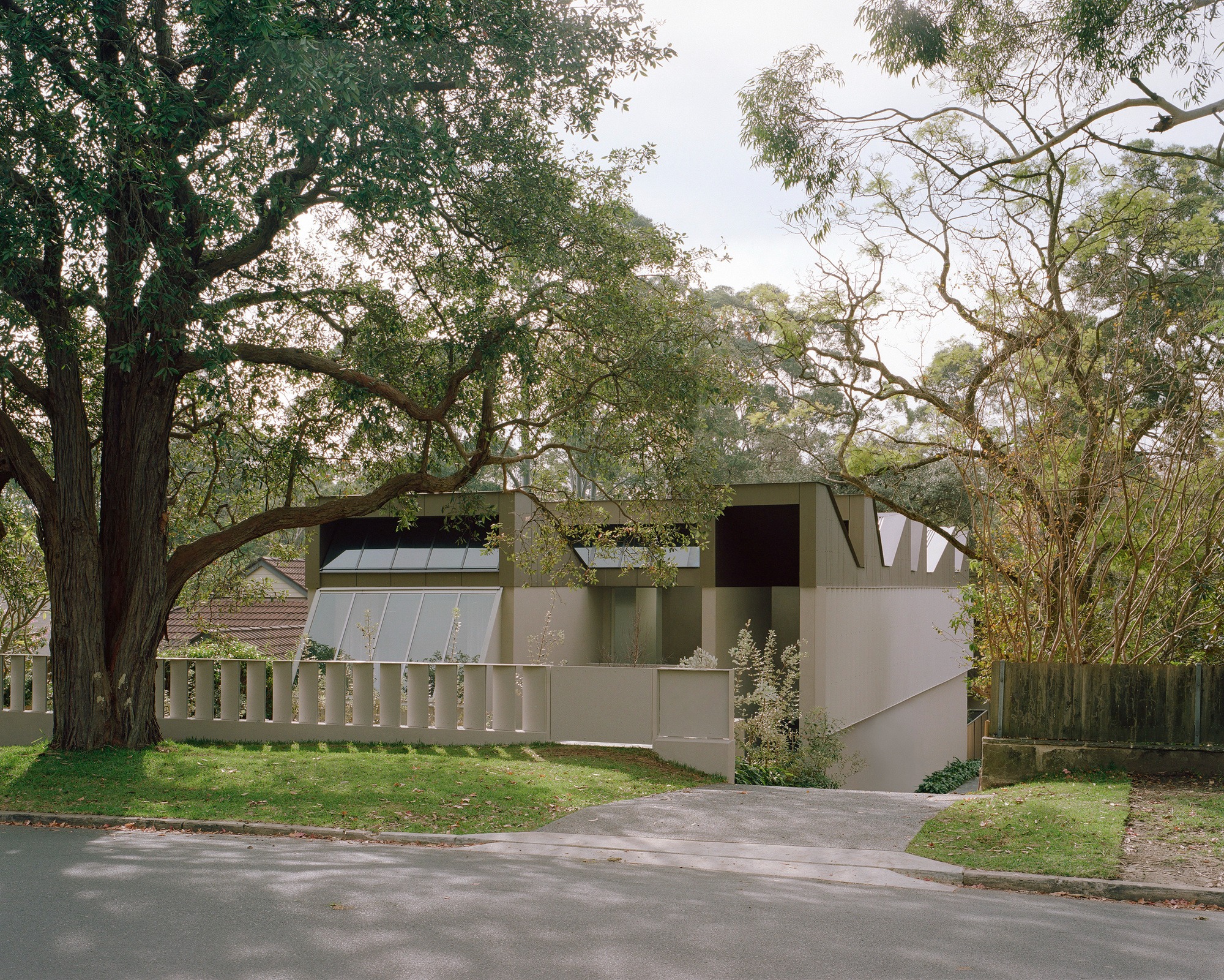 Exterior view of Lane Cove House in Sydney, showing the dark green sawtooth roof integrated with mature trees and a modern minimalist fence.