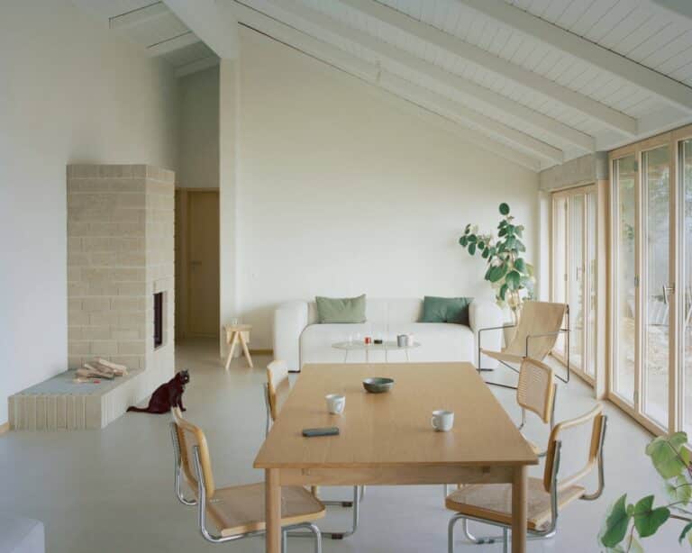 A view from the entrance of a 1983 renovated building, looking across a dining area with a wooden table and cane chairs towards a living room with a white sofa. A large brick fireplace sits on the left with a black cat nearby. Natural light fills the space.