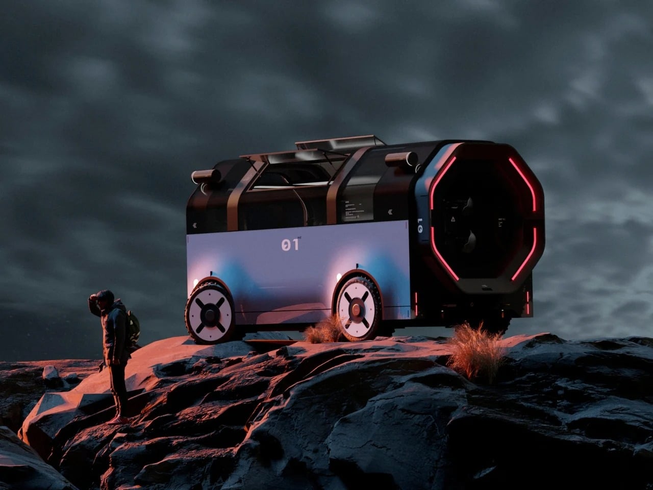Futuristic octagonal mobile home HYTTE parked on a rocky terrain at twilight with red LED accents.