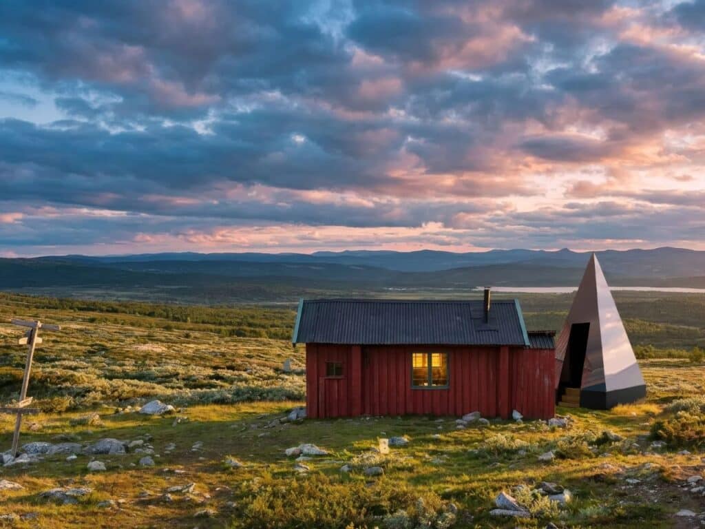 Black pyramid-shaped Klumpen cabin next to a traditional red wooden house in a vast polar tundra landscape under a cloudy sunset.