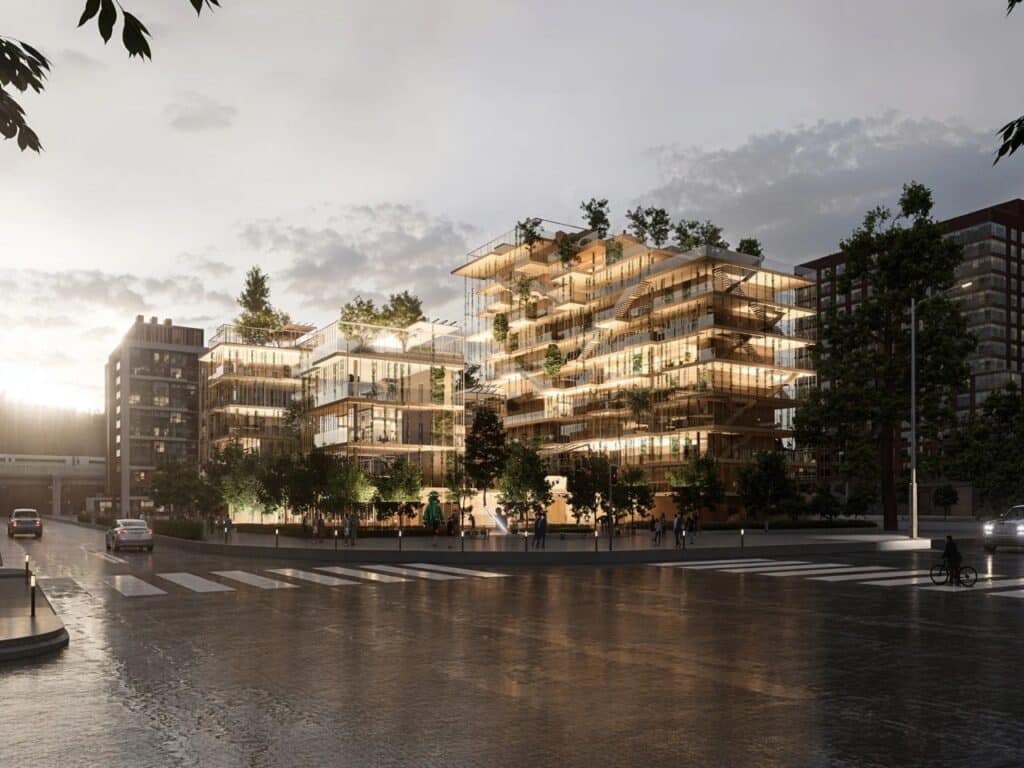 A wide night view of the Verdant Syndicate mixed-use building in Henan, featuring warm wooden facades and vertical greenery illuminated against a twilight sky.