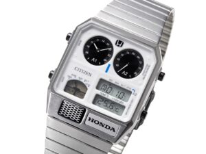 Close-up of Citizen Ana-Digi Temp Honda edition watch face featuring dual analog dials and digital temperature display.