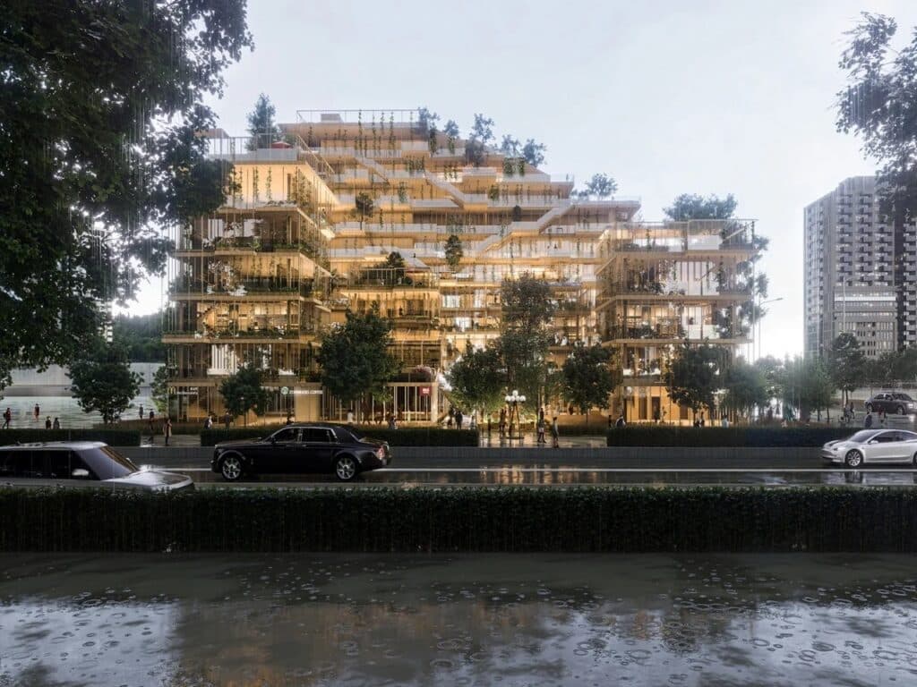 Front elevation of the Verdant Syndicate building featuring modular agricultural panels and stepped terraces with lush vegetation in an urban setting.