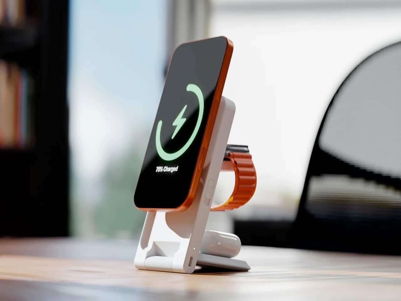 Side view of ARIA 3-in-1 wireless charging station in a vertical stand position, charging an iPhone, Apple Watch, and AirPods simultaneously on a wooden desk.