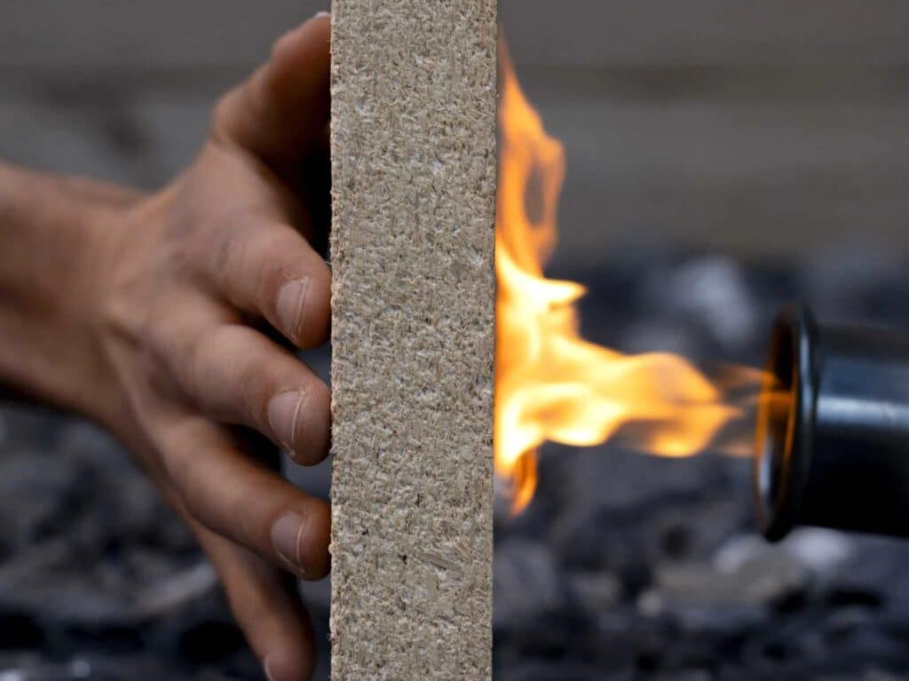 A person's hand touching the back of a sawdust composite panel while a blowtorch heats the opposite side to demonstrate thermal insulation.