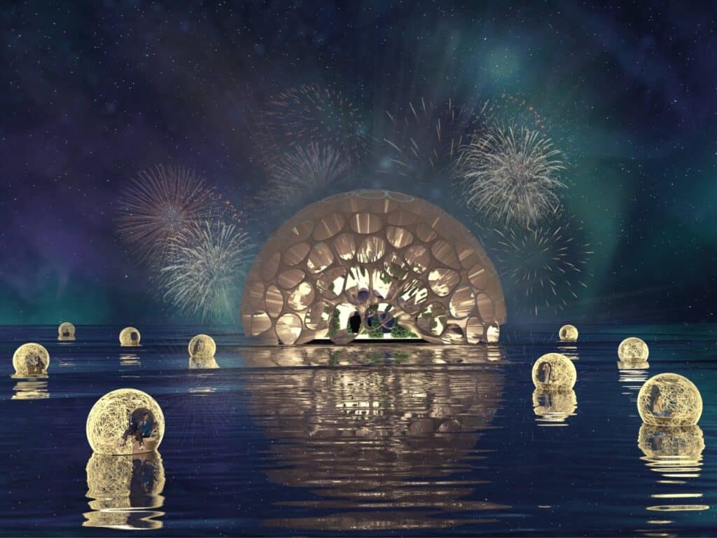 Futuristic geodesic dome data center glowing at night on water with floating spherical pods and fireworks.