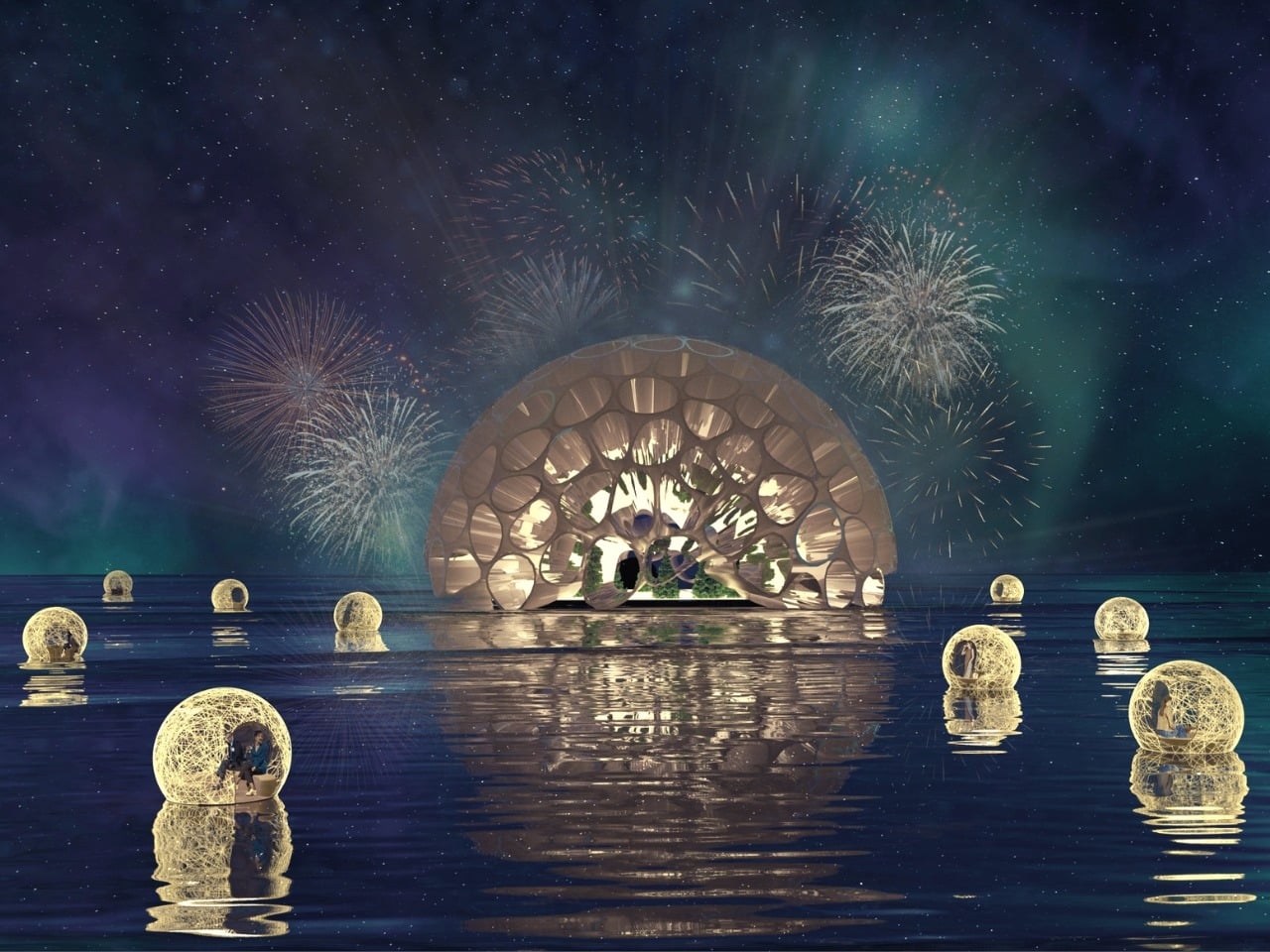 Futuristic geodesic dome data center glowing at night on water with floating spherical pods and fireworks.