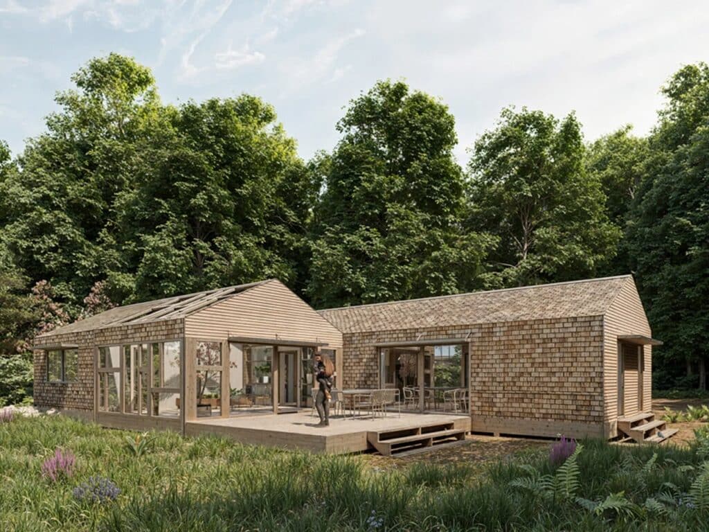 External view of Kaerhytten low-impact residential project in Denmark featuring sustainable wooden cladding and modular design.