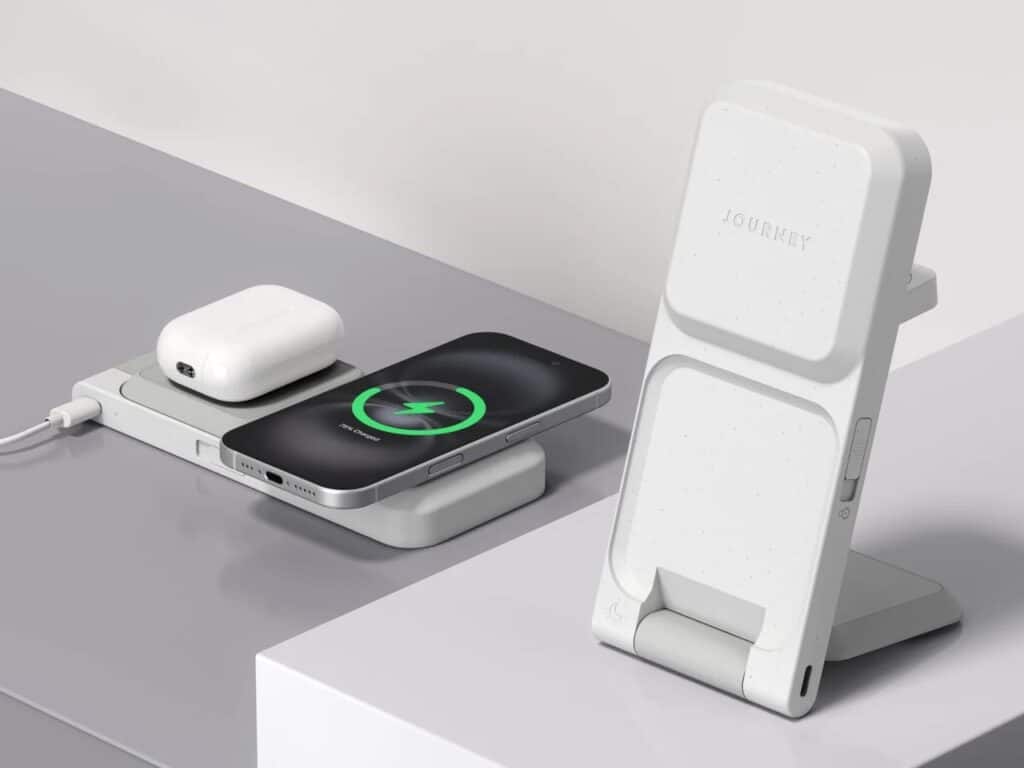 Comparison of ARIA charging station in two modes: flat horizontal pad and upright vertical stand, featuring a minimalist white stone-like texture.