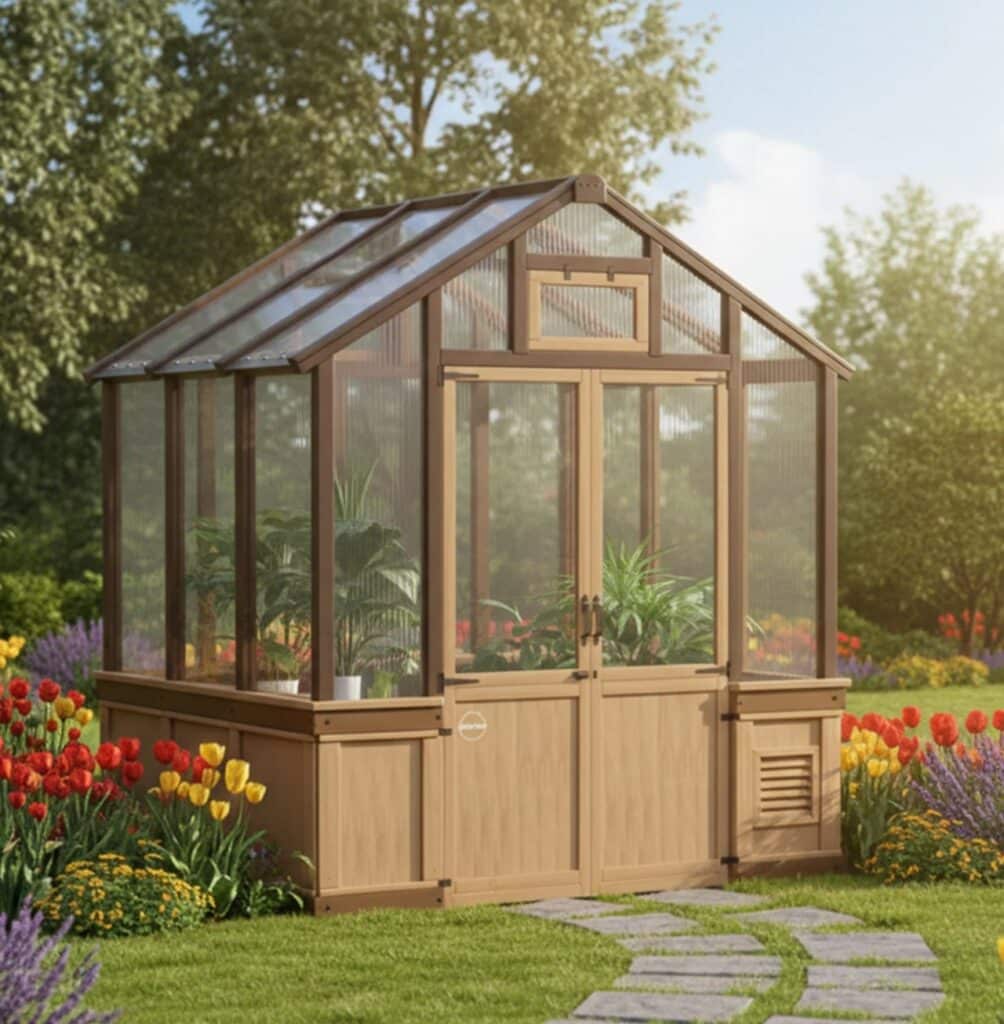 Exterior view of a wooden greenhouse surrounded by colorful flowers and a stone path in a lush garden.