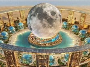 A close-up aerial view of the Moon Resort's central spherical structure surrounded by smaller glass domes and a circular panoramic walkway.