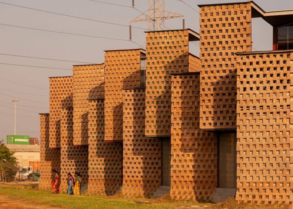Side view of the staggered container towers of Petti Restaurant against the sky in Tuticorin.