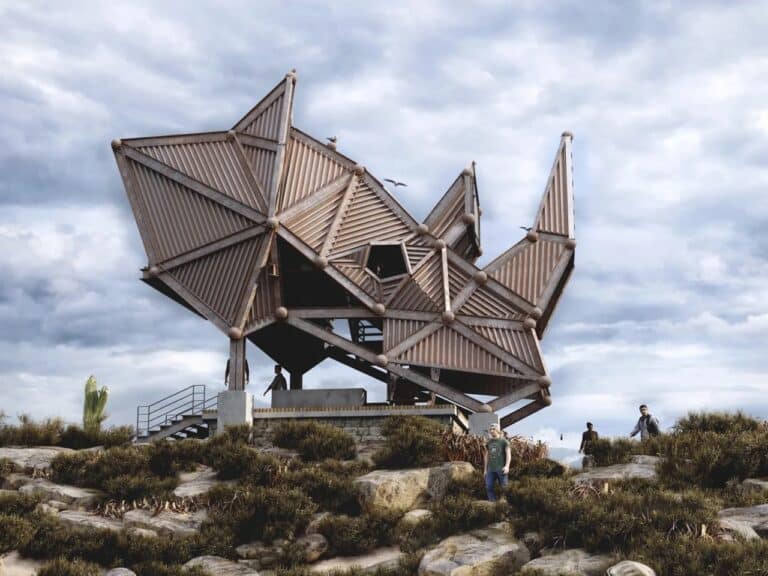 Low angle shot of Kivaru Point safari deck by Thilina Liyanage, showing a rhino-inspired steel structure on a rocky hill under a cloudy sky.