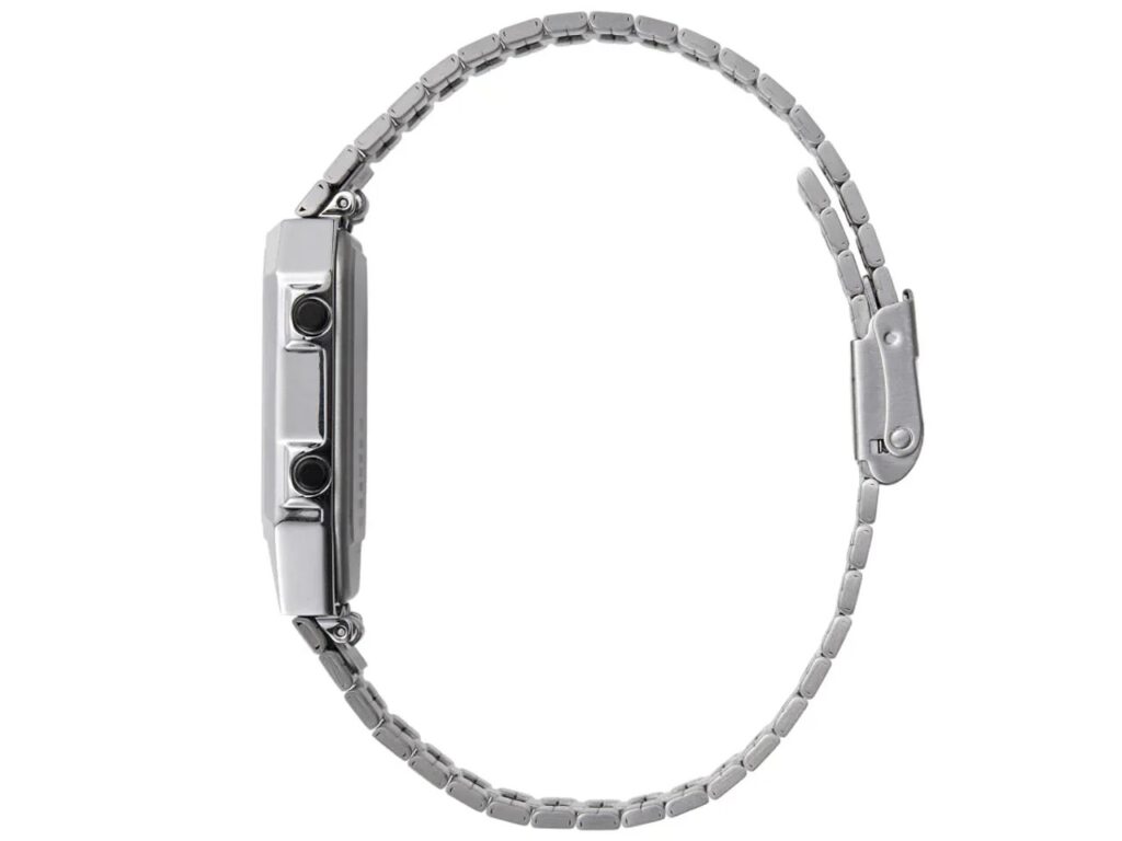 Side profile view of the silver Citizen Ana-Digi Temp watch showing the slim case and control buttons.