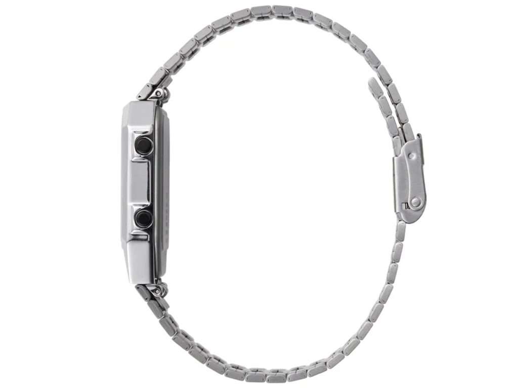 Side profile view of the silver Citizen Ana-Digi Temp watch showing the slim case and control buttons.
