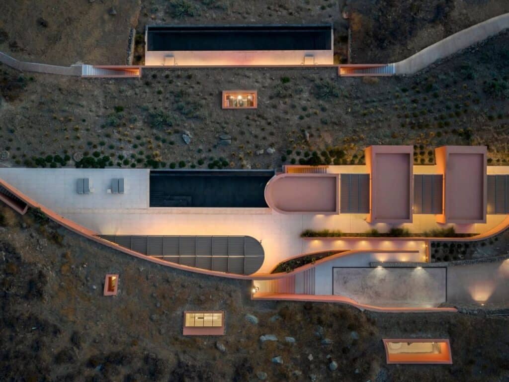 Top-down architectural view of Oline resort showing the rhythmic arrangement of pools, terraces, and subterranean volumes.