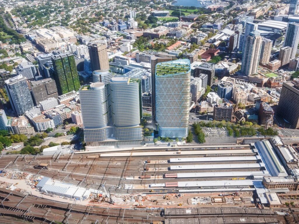 Aerial 3D rendering of the Atlassian Central tower integrated with the Sydney Central Station precinct.