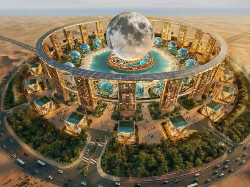 Wide aerial perspective of the complete Moon smart city complex, featuring the lunar sphere, 20 high-rise towers, and solar-paneled circular walkway in a desert landscape.