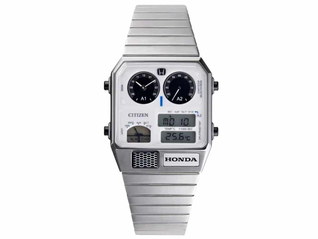 Full front view of the silver Citizen Ana-Digi Temp Honda Prelude edition with integrated steel bracelet.