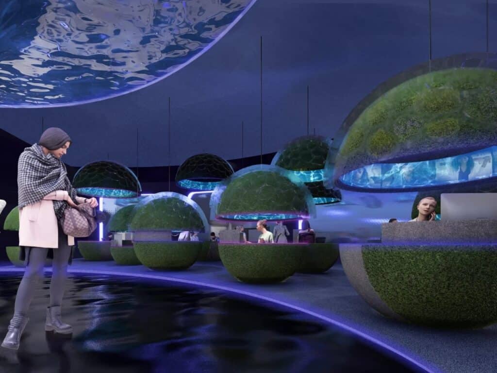 Futuristic workspace with moss-covered spherical pods and reflective water ceiling in a data center.