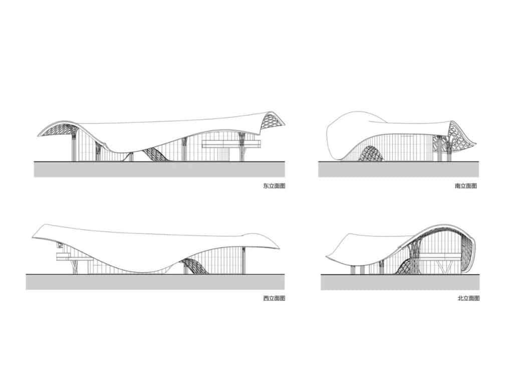 Architectural technical elevations of the Silk Road Friendship Garden Restaurant showing north, south, east, and west views.