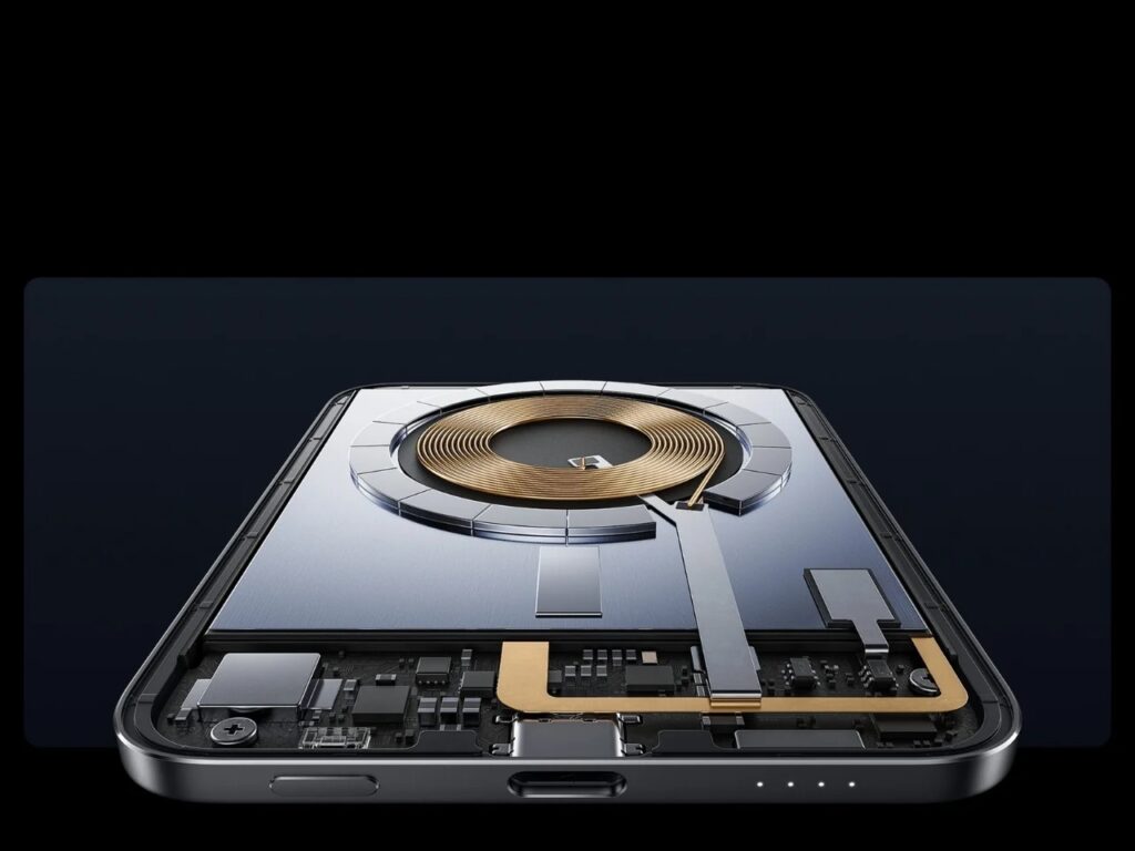 Internal view of a magnetic power bank showing the wireless charging coil and complex electronic circuitry.