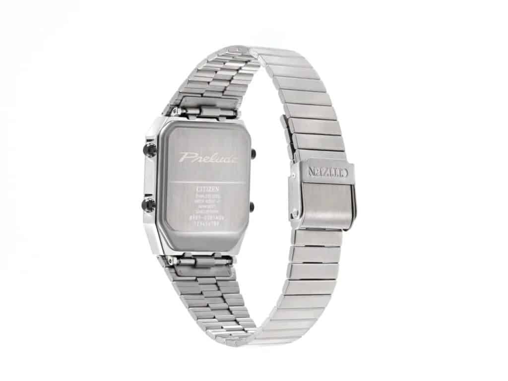 Back view of the silver Citizen Ana-Digi Temp watch with "Prelude" engraving and stainless steel bracelet.