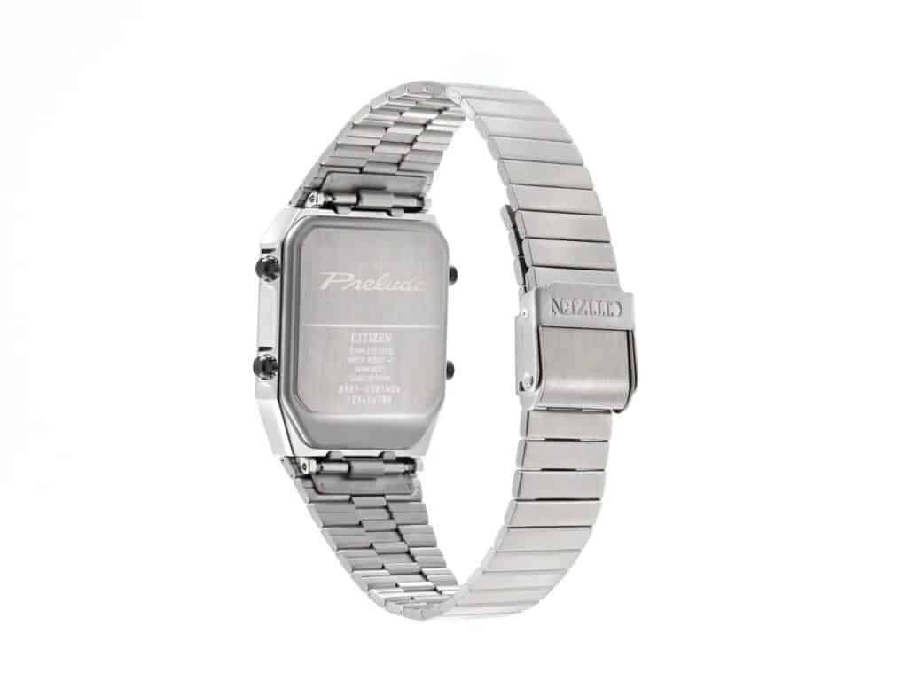 Back view of the silver Citizen Ana-Digi Temp watch with "Prelude" engraving and stainless steel bracelet.