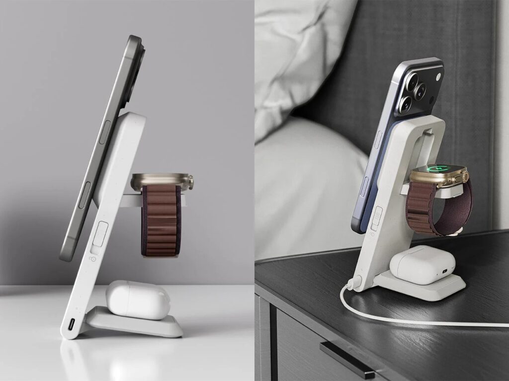 Split view showing the ARIA charger&rsquo;s technical profile and its practical placement on a bedside nightstand with nightstand mode active.
