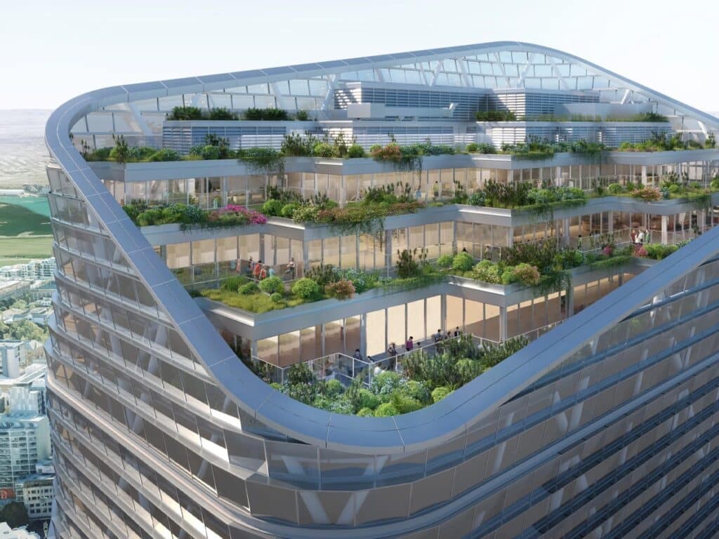 Detailed rendering of the upper floors of Atlassian Central featuring landscaped outdoor terraces and glass facade.